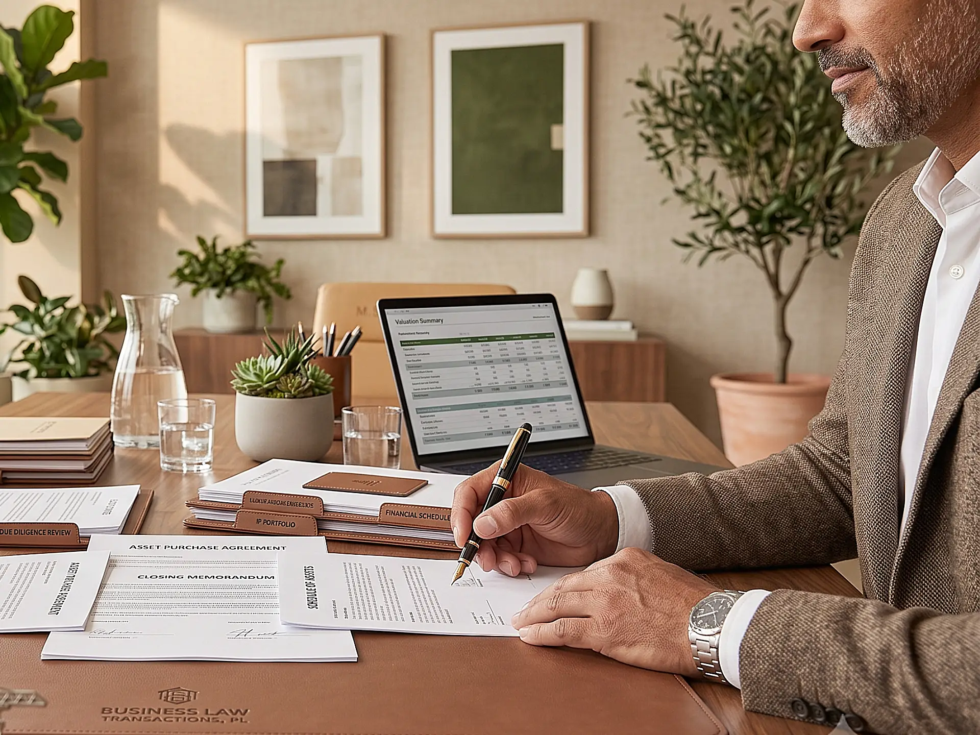 Attorney finalizing an Asset Purchase Agreement and closing memorandum for a business acquisition
