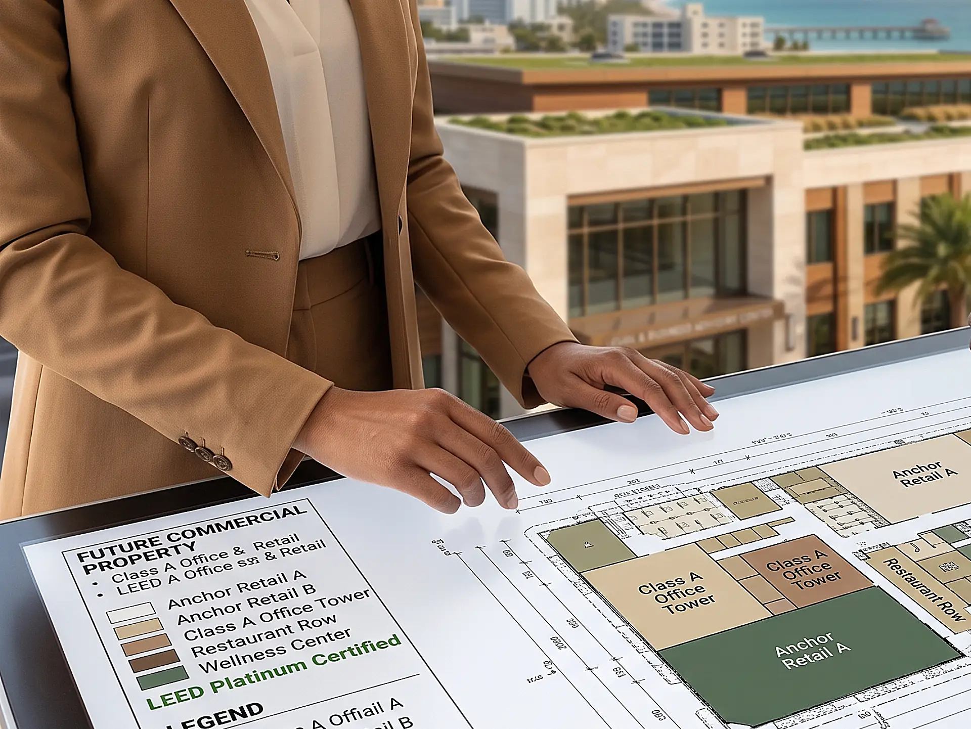 Close-up of a commercial property site plan being reviewed for a South Florida lease agreement
