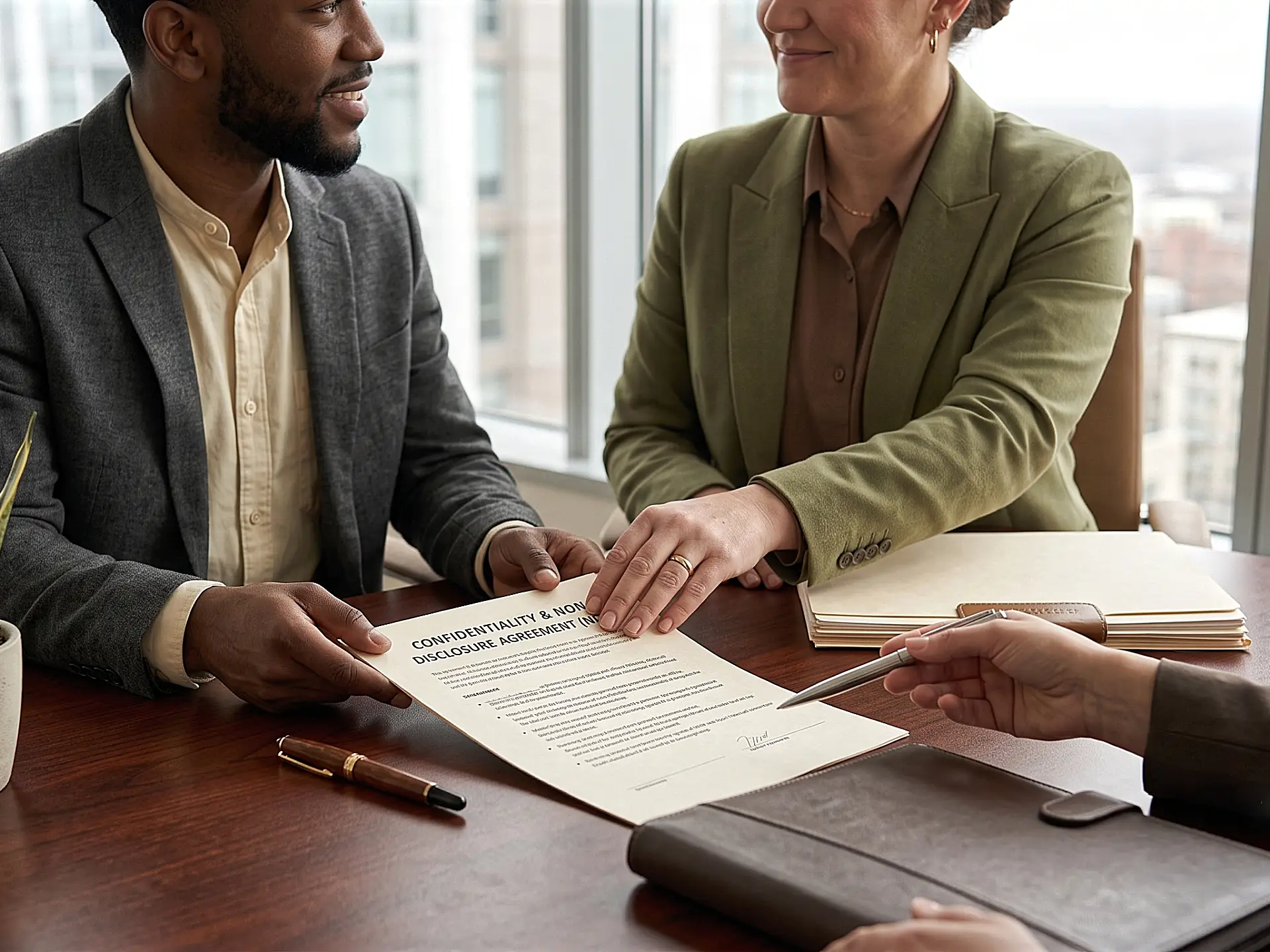Colleagues reviewing a confidentiality and non-disclosure agreement drafted by a South Florida attorney