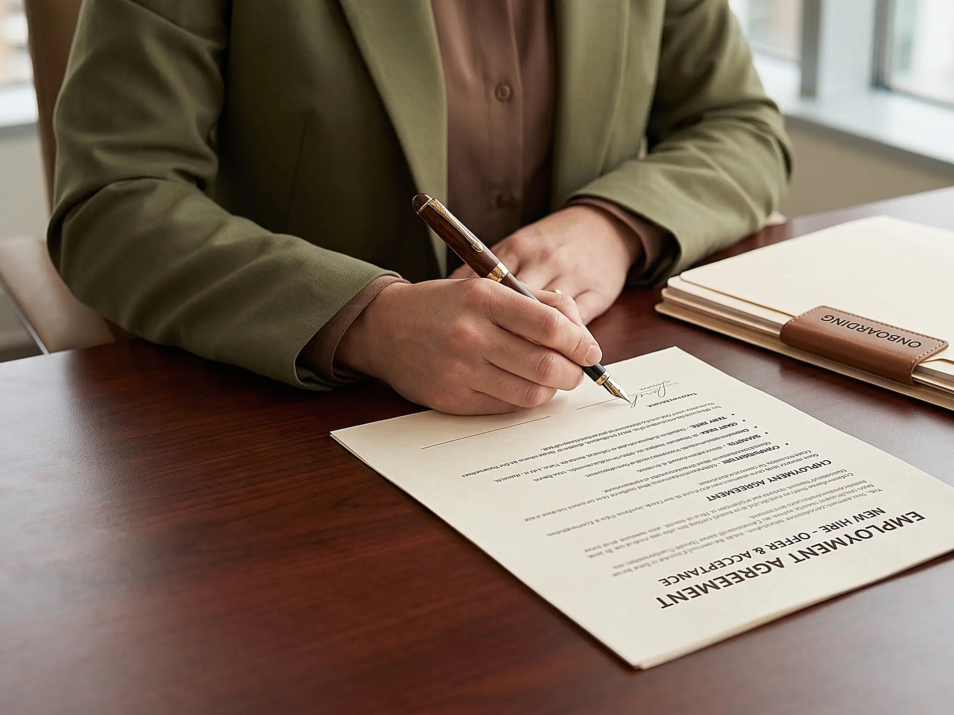 Close-up of an employee signing an employment agreement offer and acceptance form