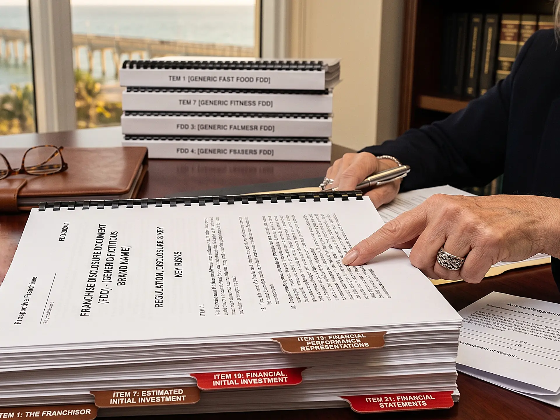 Attorney reviewing a Franchise Disclosure Document (FDD) with tabbed financial performance sections
