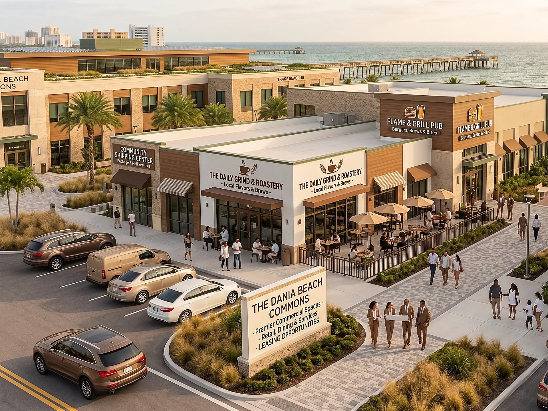 South Florida shopping plaza with multiple franchise storefronts near the coast