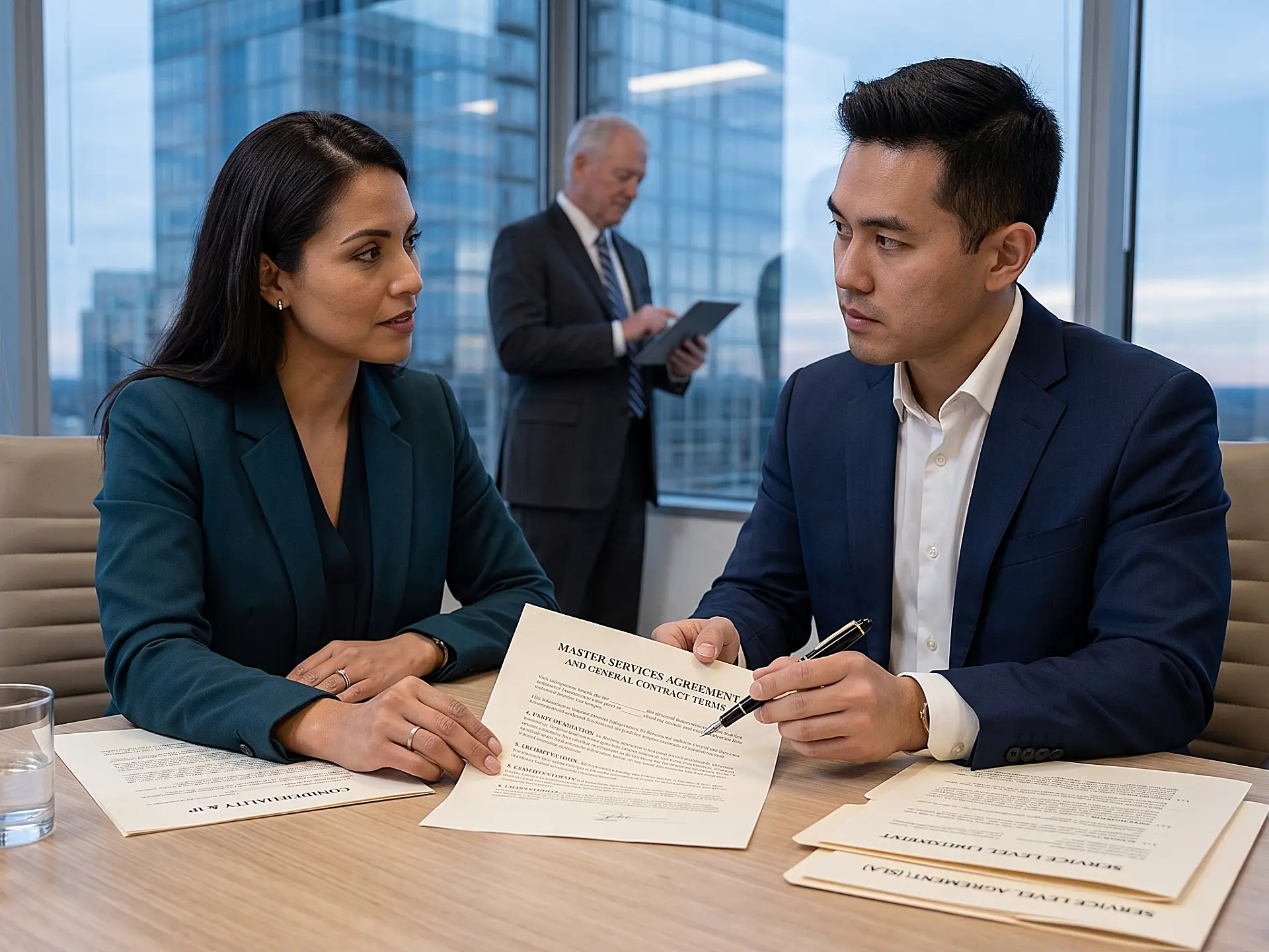 Business attorney reviewing Master Service Agreement and contract terms with two clients