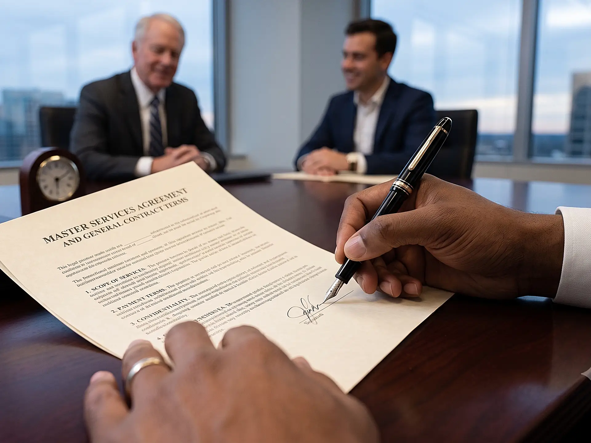 Close-up of a client signing a Master Service Agreement drafted by a South Florida attorney